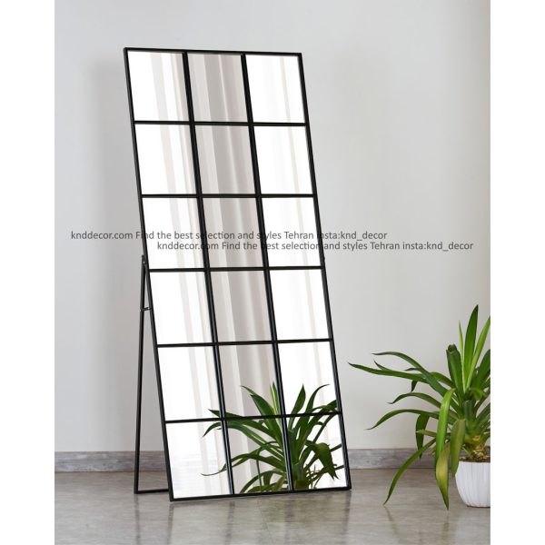 آینه قدی دکوراتیو فلزی مشکی مدل مشبک مستطیل  پایه دار با ابعاد 80*180 کد MR131