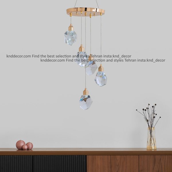 لوستر مدرن طلایی 5 شاخه مدل آویز چند وجهی کد LO921