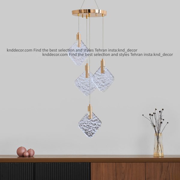 لوستر مدرن طلایی 4 شاخه مدل آویز کریستال مربع کد LO922