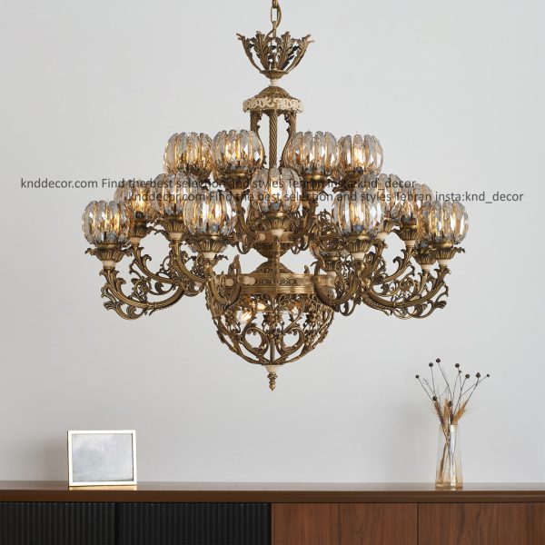 لوستر اسپادانا برنجی 24 شاخه شید کریستال 28 شعله