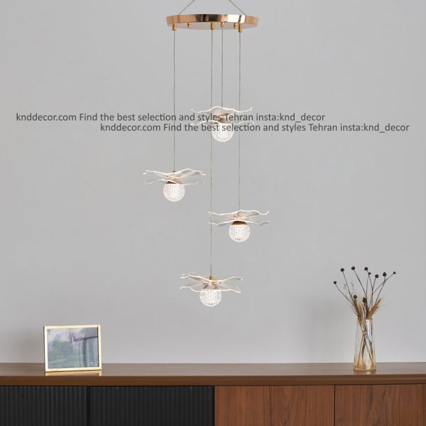 لوستر مدرن طلایی 4 شاخه مدل آویز گوی گلبرگ پر با توپ مشجر با لامپ سه حالته کد LO997