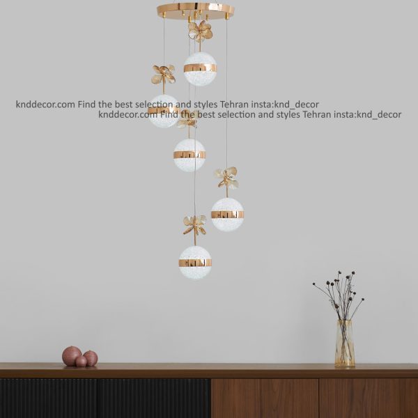 لوستر مدرن طلایی 5 شاخه مدل آویز توپی دولبه کد LO919