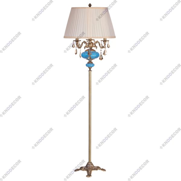 آباژور ایستاده برنجی آنتیک پایه بلند ایتالیایی فیروزه ای 3 شاخه با شید پلیسه آویز برگی کرم کد ST134 00