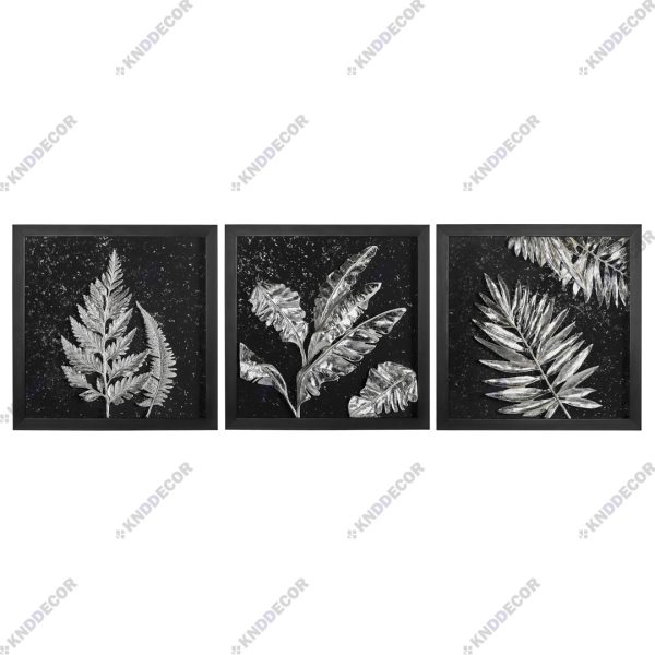 تابلو دکوراتیو مدرن رزین 55*55 در سه تیکه مدل برگ هاوایی نقره ای زمینه مخمل DE7051S کدFR157