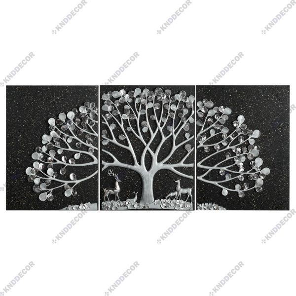تابلو دکوراتیو 80*60 مدل رزین سه تیکه درخت پالونیا و گوزن نقره ای زمینه مشکی DE8380SB کد FR155