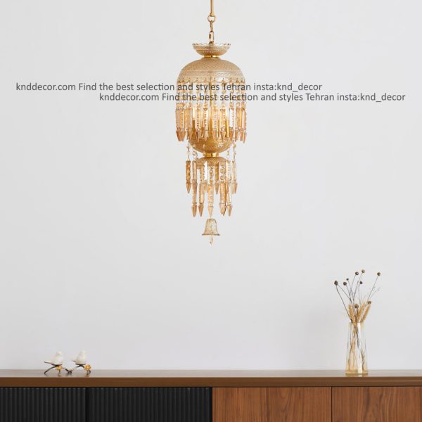 لوستر نئوکلاسیک کریستالی آویز کوچک عسلی یراق طلایی کاسه 21 سانت