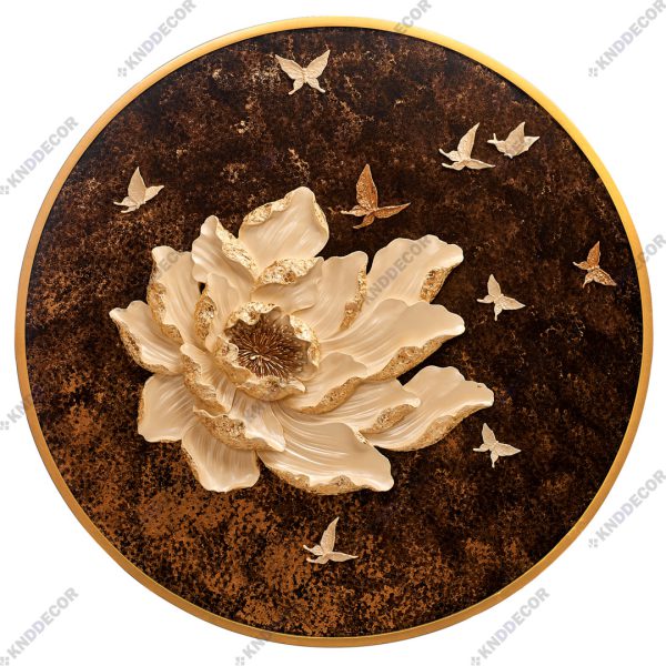 تابلو دکوراتیو مدرن رزین مدل طرح گل پیونی و پروانه (گرد) کرم طلایی زمینه مشکی DE8124GB کدFR119