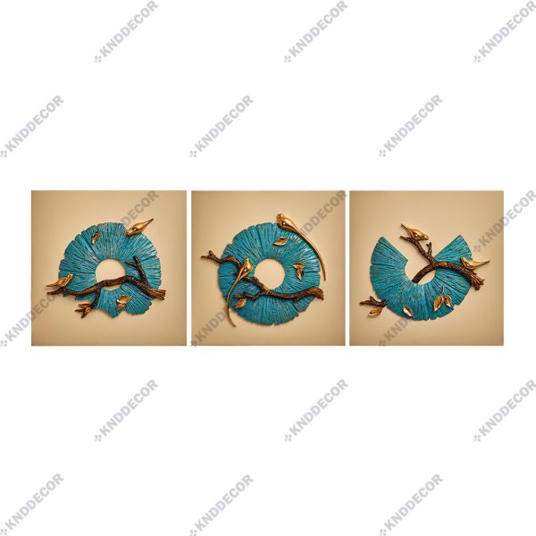 تابلو دکوراتیو مدرن رزین 60*60 مدل سه تیکه پرستو سبز و طلایی زمینه کرم DE8360GG کدFR102