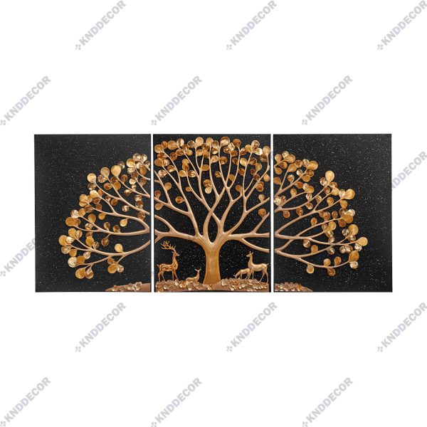 تابلو دکوراتیو مدرن رزین 80*60 سه تیکه مدل درخت پالونیا و گوزن زمینه مشکی DE8380GB کدFR104