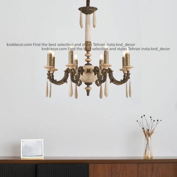 لوستر کلاسیک آنتیک سنگ کرم مدل نازنین آویز سنگ