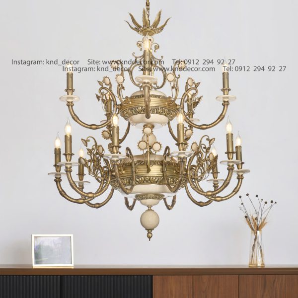 لوستر کلاسیک 15 شاخه آنتیک آفتابگردان سنگ کرم آنتیک آویز سنگ