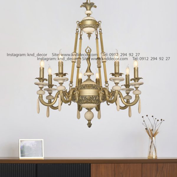 لوستر کلاسیک 8 شاخه آنتیک هیوا سنگ کرم آنتیک آویز سنگ