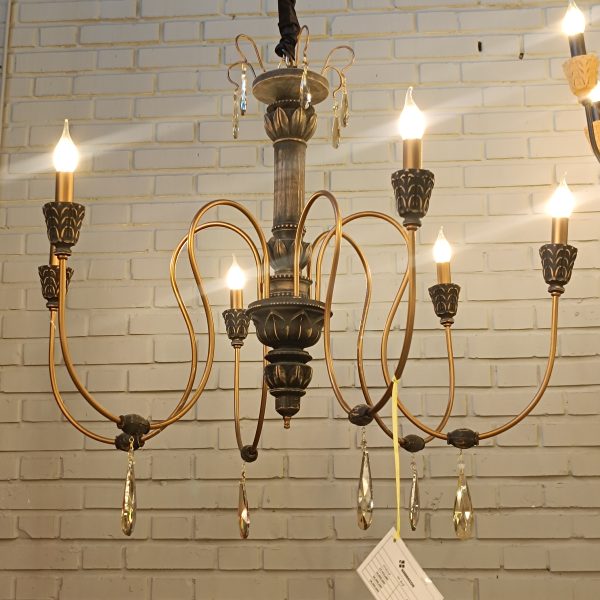 لوستر نئوکلاسیک چوبی قهوه ای حنا  6 شاخه با آویز بادامی