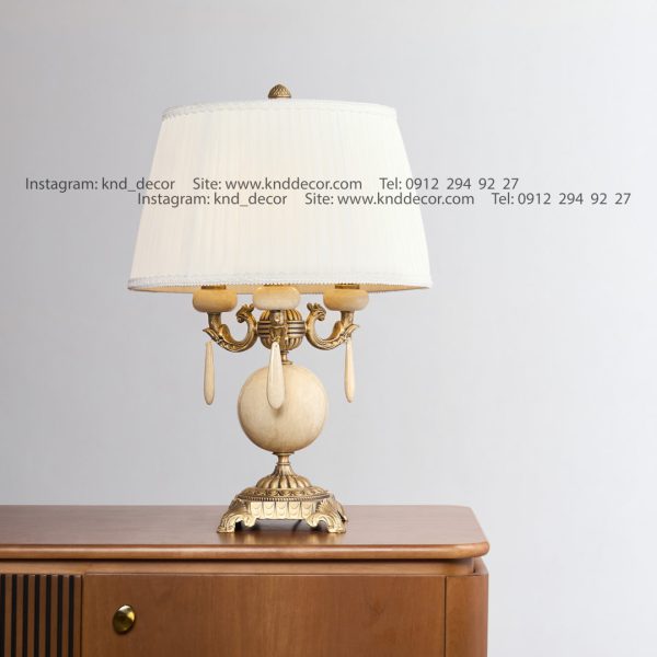 آباژور رومیزی آنتیک نئوکلاسیک برنجی سنگ کرم توپی سه شاخه با شید