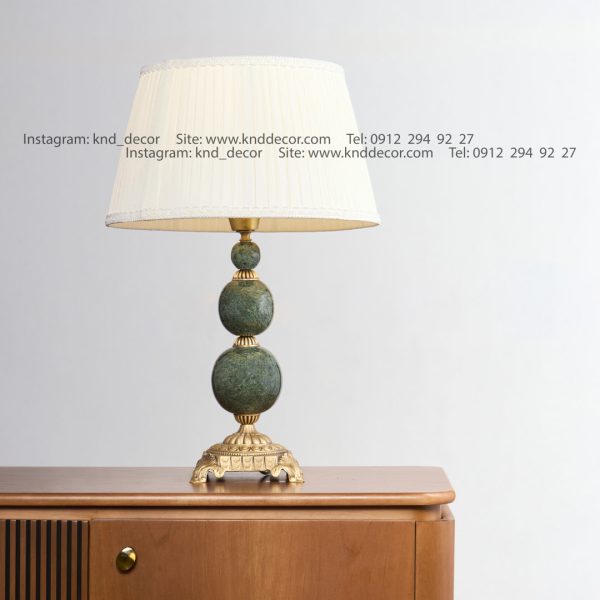 آباژور رومیزی آنتیک نئوکلاسیک برنجی سه توپ سنگ سبز با شید