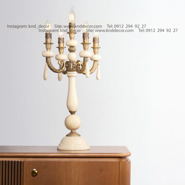 آباژور رومیزی آنتیک نئوکلاسیک برنجی سنگ کرم شاخه کاپری 4+1 آنتیک