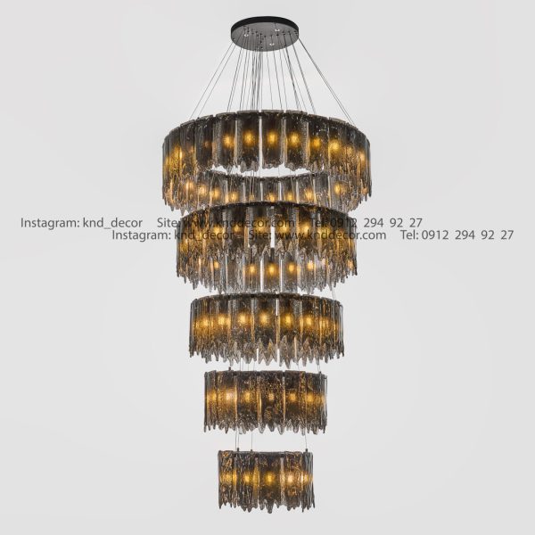 لوستر مدرن ویدی مشکی 5 طبقه (28+24+20+16+12) شعله 2082 با کریستال دودی