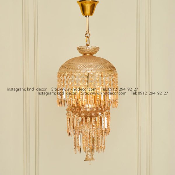 لوستر نئوکلاسیک کریستالی آویز بزرگ عسلی یراق طلایی کاسه 30 سانت