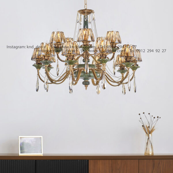 لوستر رويال آنتيك سنگ سبز زنبق آفتاب كلاهك كريستال آويز بادامي 15