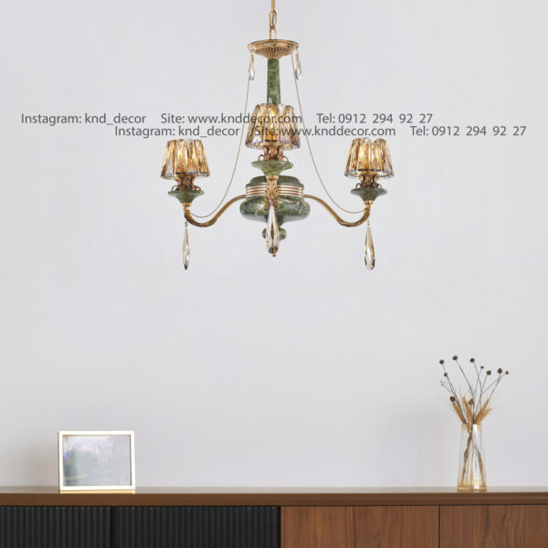 لوستر رويال آنتيك سنگ سبز زنبق آفتاب كلاهك كريستال آويز بادامي 3