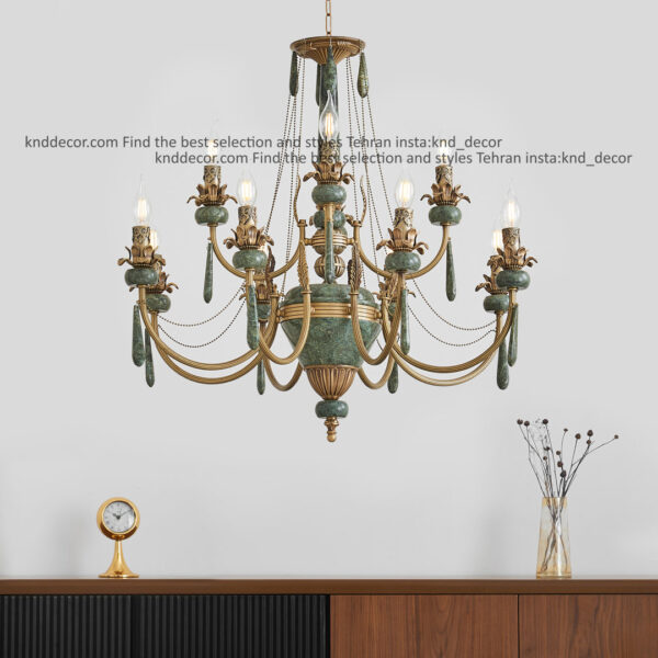 لوستر ليانا برنجي آنتيك زنبق آفتاب سنگ سبز آويز سنگ 12