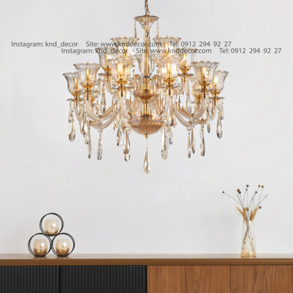 لوستر اس بلوري زنبق تخت با لاله آويز بادامي  15