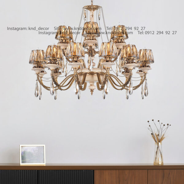 لوستر رويال آنتيك سنگ كرم زنبق آفتاب كلاهك كريستال آويز بادامي 18