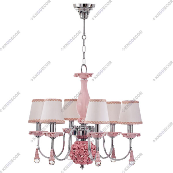 لوستر شكوفه كروم سراميك صورتي با كلاهك پارچه با آويز سراميك 6