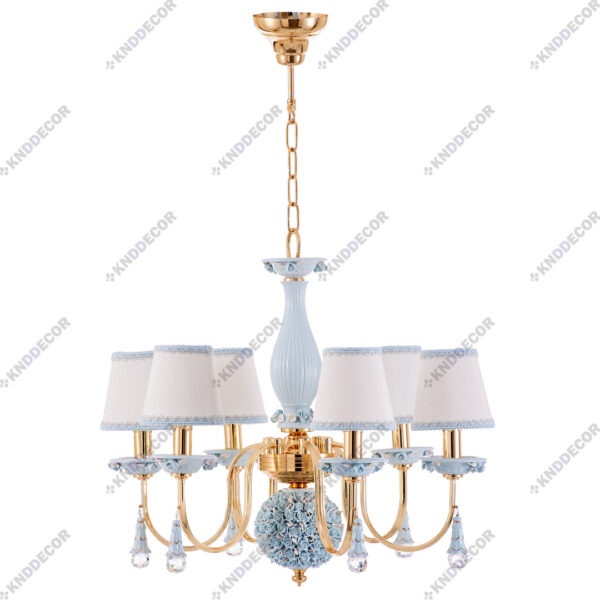 لوستر شكوفه فورتيك سراميك آبي با كلاهك پارچه با آويز سراميك 6