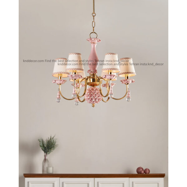 لوستر شكوفه فورتيك سراميك صورتي با كلاهك پارچه با آويز سراميك 6