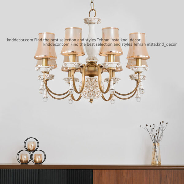 لوستر شكوفه آنتیک سراميك سفيد با كلاهك شيشه با آويز سراميك 8